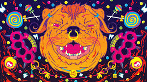 Vaporwave, music, blue, style, purple, yellow, sunset, background. Psychedelic Dog Hd Wallpaper Trippy Backgrounds Trippy Wallpaper Psychedelic Art