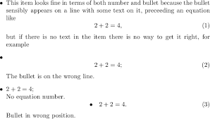 Equation Equation Number And Itemize Bullet All On The Same Line Tex Latex Stack Exchange
