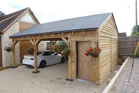 2 Bay Carport With 1 2 Bay Store Post Beam Green Oak Or Douglas Fir Low Pitch Roof Diy Carport Carport Plans Carport Garage