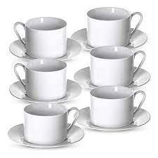 Amazon Com Klikel Tea Cups And Saucers Set 6 Piece White Coffee Mug Set 6 Plates And 8 5oz Mugs Cappuccino Cu White Tea Cups White Coffee Mugs Tea Cups