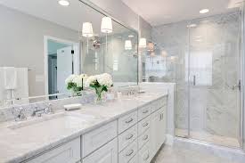 Traditional 3 4 Bathroom With Raised Panel Complex Marble Counters Custom Mirrors High Ceilin White Master Bathroom White Marble Bathrooms Bathrooms Remodel