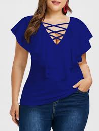 Criss Cross Plus Size Ruffle Insert T Shirt Denim Dark Blue 3575113027 Size L Plus Size Outfits Plus Size Fashion Plus Size Fashion For Women