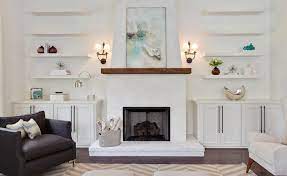 10 Ways To Work With Floating White Shelves Floating Shelves Living Room Living Room With Fireplace Transitional Living Rooms