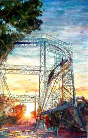 香本博 絵画 遊園地に沈む陽 紙に交響 多種 水彩 四つ切サイズ 個人所蔵 絶叫とレールの摩擦する音がこだまする遊園地 炎熱の照り返しだったが はでな電飾や装飾を包み込むように オレンジの美しい陽が輝いて暮れていく クールダウン 昨今は夜も営業しているので