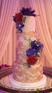 Champagne Gold Fondant Filigree Wedding Cake Purple And Red Sugar Flowers Wedding Cake Red Purple Wedding Cakes Pink Wedding Cake