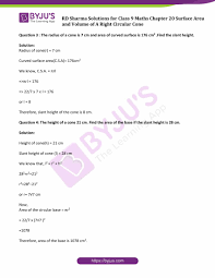 Total surface area(tsa) of cone: Rd Sharma Solutions Class 9 Chapter 20 Surface Area And Volume Of A Right Circular Cone Free Pdf