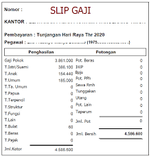 Hitungan gaji dari yang paling terendah hingga tertinggi disesuaikan berdasarkan masa kerja atau mkg mulai dari kurang dari 1 tahun hingga 27 tahun. Contoh Slip Tunjangan Hari Raya Thr Tahun 2020 Ga Ji Com
