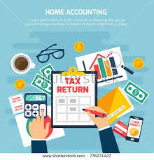 Stock Photo Home Accounting Composition With Money And Finance Symbols On Blue Background Flat Illustration Accounting Accounting Services Income Tax Return