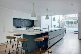 A Bold Blue White Linear Basement Kitchen Contemporary Kitchen Modern Kitchen Kitchen Island With Seating