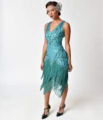 1920s Costumes Flapper Great Gatsby Gangster Girl 1920s Style Teal Beaded Fringe Fosse Flapper Dress 63 00 At Vintageda 1920s Fashion Flapper Dress Fashion