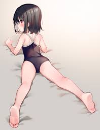 meito (maze), original, absurdres, commentary request, highres, 1girl, :o,  ass, bare arms, bare legs, bare shoulders, barefoot, bed sheet, black hair,  black one