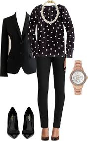 Black And White Polka Dot Blouse Black Pants White Black Polka Dot Blouse Black Blazer Black Flats And Pink Watch W Pearl Necklace Cute Work Outfits Fashion Work Fashion
