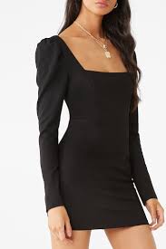 Puff Sleeve Square Neck Bodycon Dress Forever 21 Mini Dress With Sleeves Puff Sleeve Dresses Long Sleeve Bodycon Dress