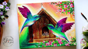 Easy Bird Paintings On Canvas For Beginners Teachers Day Special Step By Step Hummingbird With A Bird House Painting Tutorial For Beginners Youtu Painting Tutorial Bird Paintings On Canvas Painting