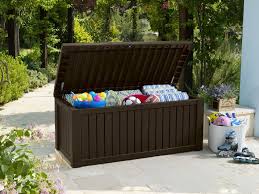 Keter Rockwood Storage Box Dark Brown Wood Effect 125 Garden4less Uk Shop Outdoor Deck Storage Box Patio Storage Box Outdoor Storage Boxes