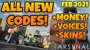 The list includes announcer codes, skin codes, and free money codes. Arsenal Codes Roblox 2020 May