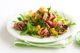 Barbecued Baby Octopus Salad With Mango Salsa And Chilli Lime Dressing Recipe Sea Food Salad Recipes Octopus Salad Mango Salad