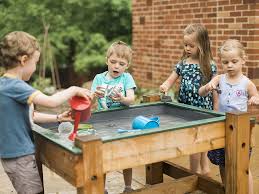 Add A Permanent Or Free Standing Wooden Water Table To Your Water Play Area Includes Drain Which A Garden Hose Can Attach Water Table Water Play Picnic Table