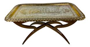 Gorgeous mid century brass tray coffee table 6 spider legs 55 x 35 pie crust. Mid Century Moroccan Style Etched Brass Tray Coffee Table Chairish