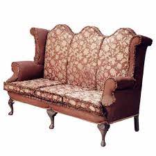 Chippendale style camel back sofa with three down filled cushions, upholstered in blue and white floral linen, carved legs. Triple Camelback Sofa Types Of Sofas Rustic Outdoor Furniture Furniture