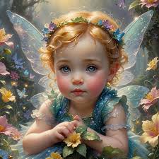 bright fairy baby, small pointed ears ethereal fantasy hyperdetailed mist Thomas  Kinkade