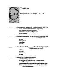 The Giver By Lois Lowry Quiz On Chapter 15 And 16 And 17 The Giver Dystopian Books Chapter