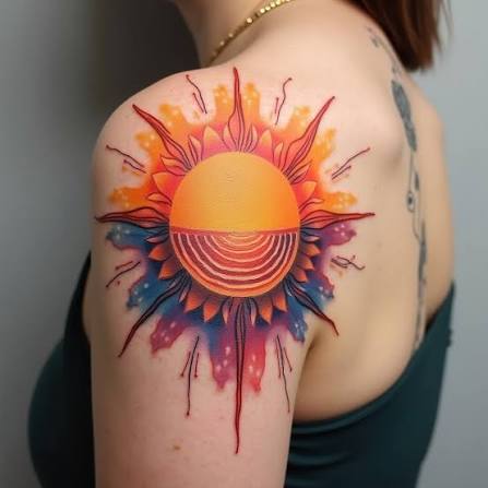Watercolor Shoulder Tattoo Sun Design | Stable Diffusion Online