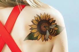 Bee And Sunflower Tattoo On Shoulder Blade Bee Tattoo Sunflower Tattoos Sunflower Tattoo Shoulder