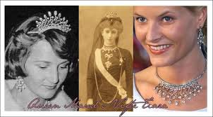 Queen Maud's fan (vifte) diamond tiara. Lto R Queen Sonja, Queen Maud  dressed in black mourning queen Vicoria. Crown princess Mette M arit  wearing the tiara as a necklace.