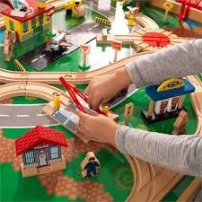 Kidkraft waterfall junction train set & table, gray dimensions: Kidkraft 120 Piece Adventure Town Railway Train Table Set In Natural 18025