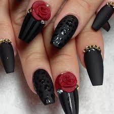 Matte Black And Red Glitter Nails Part 2 Black With Matte Finish With Shinny Clear Leopard Design With Gold Glitter And Red Rose Decal Nail Designs Nail Art Designs Cute Nails