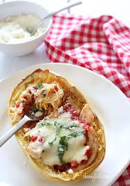 Cheesy Baked Spaghetti Squash Boats With Grilled Chicken Recipe Cheesy Baked Spaghetti Baked Spaghetti Squash Recipes