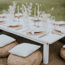 Marrakech Low Feasting Table White Bali Event Hire Feasting Table Boho Picnic Sitting Arrangement