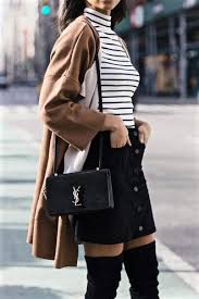 Black And White Striped Top Outfit French Girl Spring Street Style Black And White Striped Top With Black Mini Skirt And Knee High Black Su Suede Skirt Outfit Black Mini Skirt Turtleneck Fashion