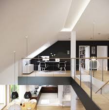 Behind the kitchen is the staircase leading up to the living room, where you'll find an open bookcase with adjustable shelves, a large picture window, and sloped ceiling. Inspirational Mezzanine Floor Designs To Elevate Your Interiors