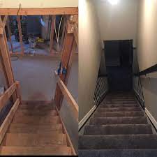 Our Basement Staircase Before And After Remodeled Stairs Wheat Bread Behr Walls Ebony Basement Remodeling Basement Remodeling Before And After Old Basement