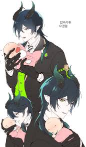 dal-gi, malleus draconia, yuu (twisted wonderland), twisted wonderland,  absurdres, highres, 1boy, 1girl, aged down, baby, black hair, carrying,  carrying person, crying, dragon boy, dragon horns, green eyes, green vest,  horns, long hair,