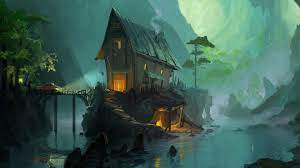 Small Riverside House Digital Art Fantasy Painting Drawing Artwork