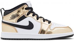 Jordan aj 1 mid women's • white/black/univ gold $115.00. Jordan 1 Mid Metallic Gold Black White Ps Dc1422 700