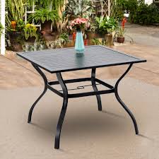 In combination with outdoor table and chairs with umbrella, amid the item of furniture for just a durable garden patio : Mf Studio 37 Outdoor Dining Table Patio Bistro Metal Steel Slat Table With 1 7 Umbrella Hole Black Walmart Canada