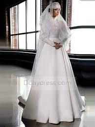 Elegant A Line Muslim Satin Long Sleeve High Neck Floor Length Wedding Dress With Hijab Itemwd Wedding Dresses Simple Wedding Dresses Beaded Lace Wedding Dress