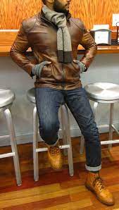 Men S Brown Leather Bomber Jacket Navy Skinny Jeans Tan Leather Brogue Boots Grey Scarf Well Dressed Men Mens Fashion Mens Outfits