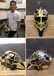 The helmet of the golden knights. First Look At Fleury S New Golden Knights Mask Hockey
