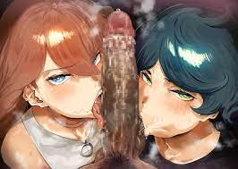 1boy 2girls absurd res blue eyes blush censored clothed female  nude male dark-skinned male dark skin female first porn of character green  eyes green hair gundam gundam suisei no