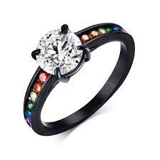 Dreamy Black Main Gem Rainbow Ring Lesbian Ring Pride Engagement Wedding Ring Lesbian Engagement Ring Black Wedding Rings Beautiful Wedding Rings