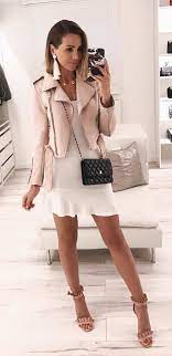 Summer Outfits Pink Leather Jacket White Mini Dress And Pair Of Sandals Pink Leather Jacket Pink Leather Jacket Outfit Leather Jacket Dress