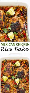 One Pan Mexican Chicken Rice Bake Chef Savvy Recipe Chicken Rice Bake Mexican Chicken And Rice Mexican Chicken