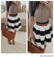 Black And White Polka Dot Skirt Outfit Ideas Women S Beige Polka Dot Short Sleeve Blouse White And Black Horizontal Striped Skater Skirt Tobacco Leather Con Imagenes Moda Estilo Moda De Ropa Ropa De Moda