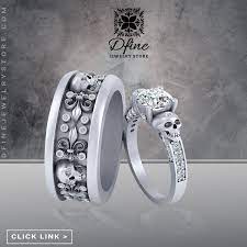 Fleur De Lis Skull Couple Rings Matching Skull And Flower Wedding Set Skull Engagement Ring Skull Wedding Ring Engagement Ring Wedding Band