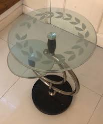 Glass coffee table round coffee table featuring glass top and metal base. Side Table With Clear Glass Top With Etching And Marble Base Furniture Home Living Furniture Tables Sets On Carousell